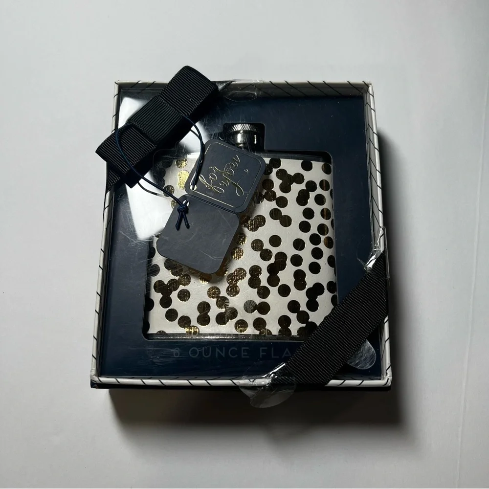 NEW Dabney Lee Flask 6 oz Gold Polka Dot White Stainless Steel